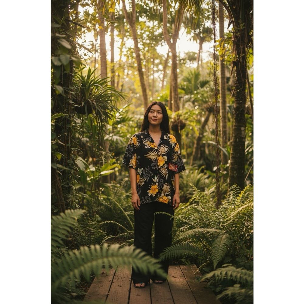 NWT Two Palms Women's Rayon XL Black Hibiscus Palm Frond Short Sleeve Shirt